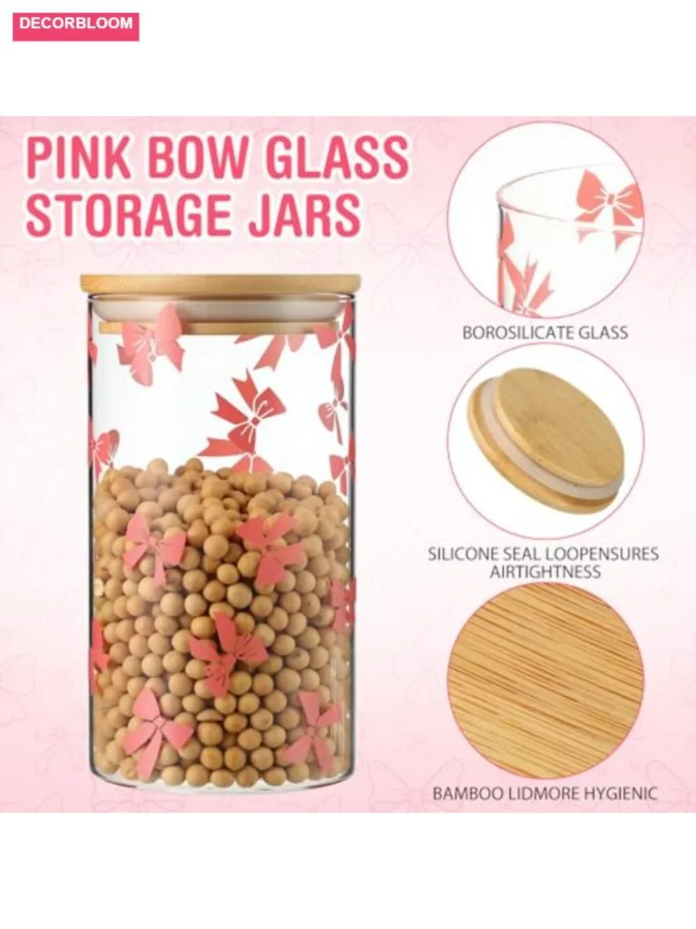 3 Pack Glass Storage Jars with Airtight Bamboo Lid 25 oz Cute Food Containers